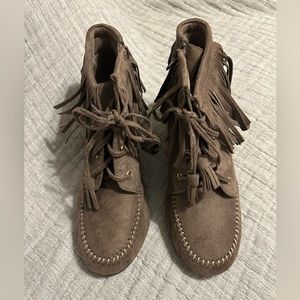 Maurice’s taupe fringed wedge booties